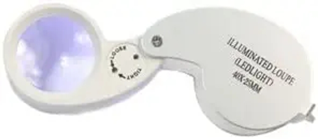Small Handheld Pocket Jewelers Loupe Jewelry Loop 40X 25 MM Lighted Magnifier Magnifying Glass Eye Lens Pieces with Illuminated Led Light and Case Chrome Finish Folding for Reading, Coins, Hobby