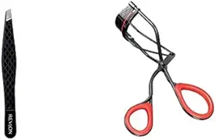 Tweezer and Eyelash Curler by Revlon, Expert Slant Tip Tweezer, Stainless Steel Hair Removal Makeup Tool, Precision Curl Control for All Eye Shapes, 1 Tweezer & 1 Eyelash Curler