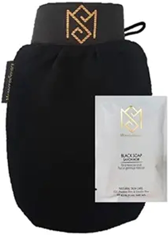 Exfoliating Bath Glove for Body Scrub (Kessa mitt) - Pack of 1 - Dead Skin Cell Remover and Deep Pore Cleanser - Deep Exfoliator Scrubber - Plant Based Fiber (Pack of 1 with Soap Sample - Black)