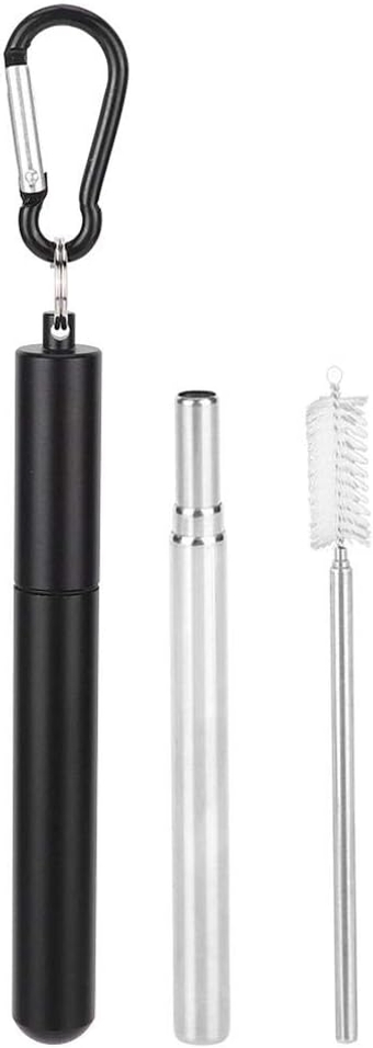 Reusable Straws Stainless Steel Collapsible Straw Portable Drinking Straws with Metal Case Straw Brush and Keychain for Travel Camping Party Black or Pink (Black)