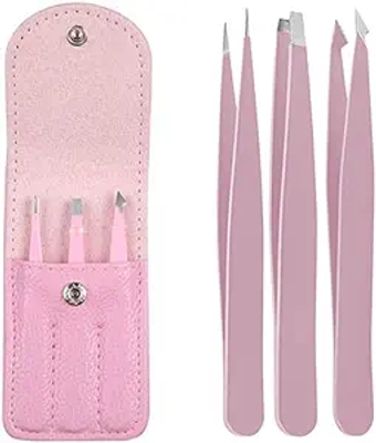 3Pcs Professional Tweezers Set Stainless Steel Eyebrow Hair Pluckers with Fashion Leather Travel Case (Pink)