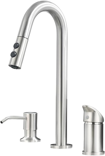 3 Hole Kitchen Faucet, Kitchen Sink Faucet with Pull Down Sprayer, Brushed Nickel Kitchen Faucets for Sink 3 Hole, Single Handle Kitchen Faucet with Soap Dispenser, TDLKF030L