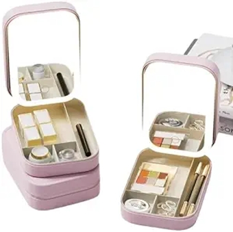 Travel Makeup Organizer with LED Light Mirror, Portable Travel Vanity Cosmetic Train Case, Portable Artist Storage Bag with Adjustable Dividers, Makeup Brushes Storage Organizer Pink