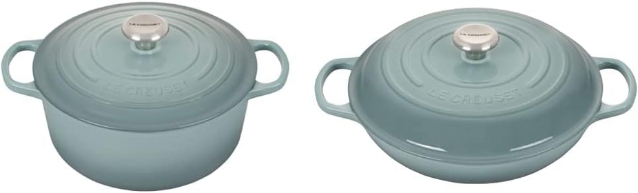 Enameled Cast Iron Signature Round Dutch Oven with Lid, 5.5 Quart, Sea Salt & Enameled Cast Iron Signature Braiser with Lid, 3.5 Quart, Sea Salt