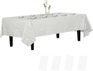 White Disposable Plastic Tablecloths for 8 Foot Rectangle Tables, Ideal Serving as Picnic, Party, Outdoor or Dining Table Cloth Rectangle 8 Seater. Mantel para Mesa de 8 Sillas. 4pk White