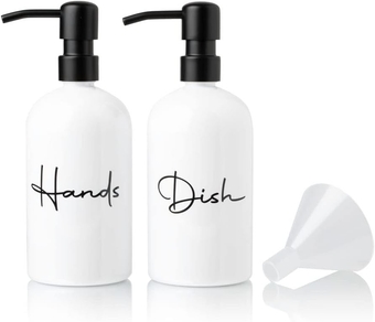 Alora Hand Soap Dispenser and Liquid Dish Soap Dispenser for Kitchen Sink - Set of 2 - Black Metal Pumps - Reusable Plastic Bottle with Easy to Read Lettering - Countertop Replacement Refill