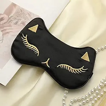 Sleep Eye Masks, Cute Cat Silk Sleep Eye Cover Lightweight Adjustable Eyeshade Mask Cover for Women Men Sleep Travel Nap (Black)
