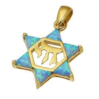 Jewelry, Jewish Jewelry Pendant, 14K Yellow Gold, Star of David Pendant Opal Stones with Chai Inscribed Center, Elegantly Gift Packaged, Size 0.88 x 0.88 Inch