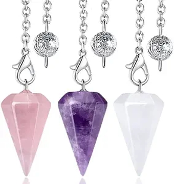 3 Pcs Crystal Pendulums Set for Divination Dowsing Natural Amethyst Rose Quartz Clear Quartz Healing Crystal Quartz Reiki Gemstone Pendants Witchcraft Wiccan Accessories