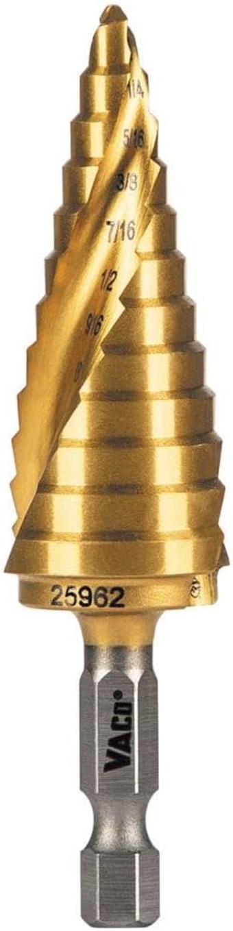 25962 Step Drill Bit, 3/16 to 7/8-Inch, Spiral Double-Fluted, Cuts Thin Metal, Plastic, Aluminum, Wood, 1/4-Inch Hex Shank, VACO