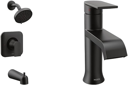 Genta LX Matte Black High-Pressure Eco Tub+Shower Trim: Showerhead, Handle, and Tub Spout, (Valve Required) T2473EPBL + One-Handle Single Hole Bath Faucet with Deck Plate for 3-hole Sinks, 6702BL