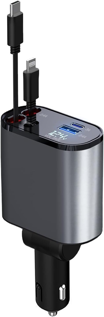 Retractable Car Charger, 4 in 1 Fast Car Phone Charger 60W, Retractable Cables and USB Car Charger,Compatible with iPhone 15/14/13/12/11,Galaxy,Pixel