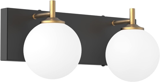 2 Lights Mid Century Modern Bathroom Vanity Light Milky White Glass Shades Black/Golden Bathroom Light Fixture(Exclude Bulb)