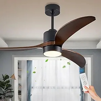 Walnut Wood 3 Blade Ceiling Fan with Light and Remote Control 52" Black Ceiling Fan Lights Indoor Outdoor Fan Lighting for Living Room Bedroom Balcony Porch Patio