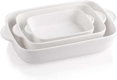 Ceramic Baking Dish, Non-Stick Roasting Pan with Handles, Rectangular Lasagna Pan for Cooking, Kitchen, Cake Dinner, Banquet and Daily Use, 13 * 9 Inches, Set of 3 (White)
