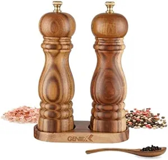 PRINCESS Salt and Pepper Grinders Refillable Set, Acacia Wood Salt & Pepper Mill Grinder and Tray Set, Refillable, Adjustable Coarseness, 8" Salt Pepper Grinder 2pcs, Great Housewarming Gifts