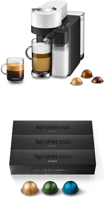 Vertuo Lattissima by De'Longhi, White and Capsules VertuoLine, Medium and Dark Roast Coffee, Variety Pack, Stormio, Odacio, Melozio, 30 Count