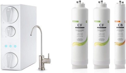 RO500-BN Tankless RO Reverse Osmosis Water Filtration System, 500 GPD Fast Flow, Brushed Nickel Faucet, 2:1 Pure to Drain Ratio, White & F3-RO500 Replacement Water Filter, 3 Count, White