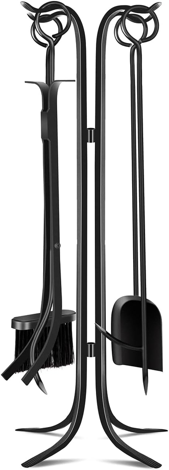 &  5 Pcs Fireplace Tools Sets 32" Heavy Duty Wrought Iron Fire Place Toolset with Chimney Poker Firewood Tongs Shovel Brush Stand for Indoor Outdoor Hearth Stove Firepit Black
