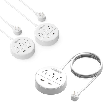 Flat Plug Power Strip Bundle, 3 Outlets 2 USB Compact Power Strip with 5ft Cord and 10 ft Extra Long Extension Cord, Right Angle Plug for Office, Home, Nightstand, Dorm Essentials, 3 Pack