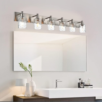 Vanity Light Fixture Brushed Nickel 6-Light Modern Farmhouse Wall Sconce Bathroom Lighting with Hammered Glass Industrial Wall Mount Lights for Kitchen Dining Room Cabinet Corridor