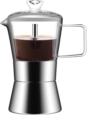 Greca Moka Induction Stovetop Espresso Maker,Glass-top & Stainless Steel Espresso Moka Pot,Classic Italian coffee maker,240ml(6cup)