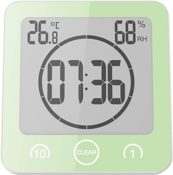 Shower Wall Clock, Digital Kitchen Timer with Alarm, Waterproof Touch Screen Timer, Temperature Humidity Display with Suction Cup Hanging Hole (Green)