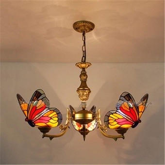 Pendant Light Stained Glass in Tiffany Lamp Style with 3 Butterflies Shade Ceiling Lamp Classic Vintage Design Indoor Decoration -Red