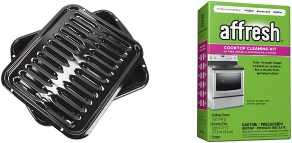 4396923  Genuine (OEM) Premium Broiler Pan Broiler pan Standard size Black 1 each & Affresh Cooktop Cleaning Kit, Includes 5 oz cleaner, 5 pads, 1 scraper