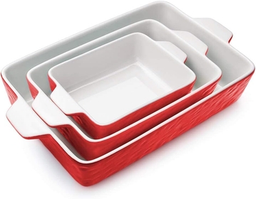 Casserole Dishes for Oven, Baking Dishes Lasagna Pan Ceramic Baking Pan Deep Glaze Bakeware for Cooking, Kitchen, Cake Dinner, Banquet and Daily Use, 3PCS (11.6 x 7.8 Inches, Red)