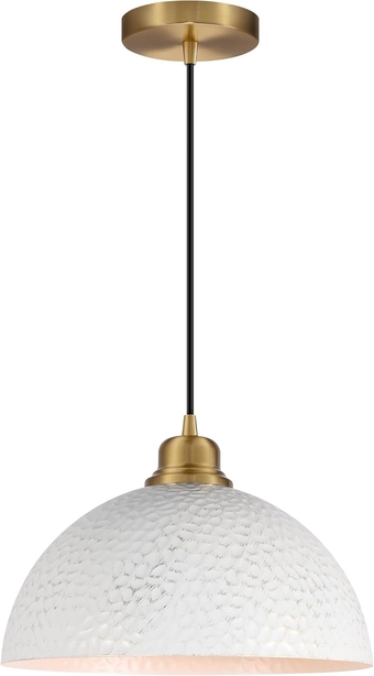 Industrial Pendant Light, White and Gold Hanging Lamp with Hammered Metal Shade, Modern Pendant Light Fixtures for Kitchen Island, Bar, Farmhouse Dining Room, Bedroom, Living Room, DD024-1-WG