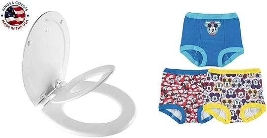 MAYFAIR 888SLOW 000 NextStep2 Toilet Seat with Built-In Potty Training Seat, Slow-Close, Removable that will Never Loosen, ROUND, White & Disney Boys Mickey Mouse Potty Training Pants Multipack, 3T