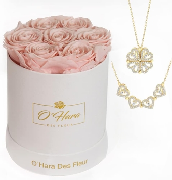 O'Hara Des Fleur Flowers Fresh Bouquet| Forever Flowers Roses in a Box with Necklace| Preserved Roses that last a years| Gift Mother's Day Birthday Anniversary. (7 Light Pink Roses/White Box)