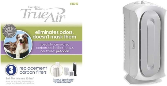 TrueAir Replacement Carbon Filter, 3-Pack (04234G) & Air Purifier with Permanent True HEPA Filter for Allergies and Pets, Odor Eliminator, Ultra Quiet, 3 Filtration Stages,White(04384)