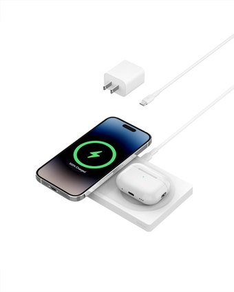 BoostCharge Pro 2-in-1 Wireless Charging Pad with MagSafe 15W, Fast Charging iPhone Charger Compatible with iPhone 14, 13, and 12 Series, AirPods, and Other MagSafe Enabled Devices - White