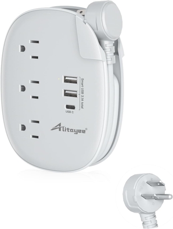 USB C Portable Travel Power Strip with 3 Outlets 3 USB Ports Fast Charge, USB Extension Cord with Flat Plug and 3ft Wrapped Around Extension Cord for Cruise Travel Home Office