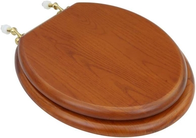 Renovators Supply Manufacturing Light Mahogany Wooden Toilet Seat Round Toilet Seat with Brass PVD Hinges and Non Slip Bumper
