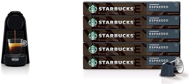 Essenza Mini Coffee and Espresso Machine by De'Longhi (1150 watts) and Starbucks by  Dark Roast Espresso (50-count single serve capsules)