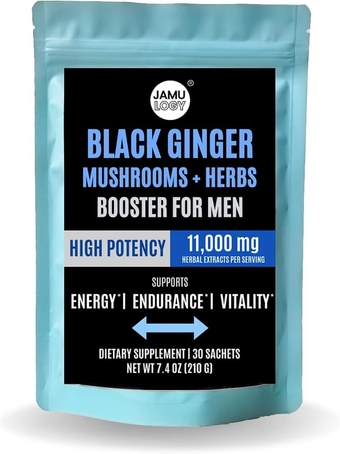 Black Ginger Powder Mix - Mushrooms & Herbs Superfood Booster for Men x 30 Sachets - Energy, Vitality, Strength