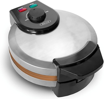 Classic Belgian Waffle Maker, 7" Round, Non Stick, Waffle Iron Makes 1” Thick Waffles, Variable browning control knob, Stay-cool handle with locking latch, Stainless Steel