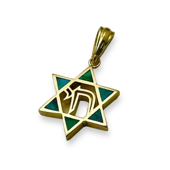 Jewish Magen David and Hai Protection Pendant in 14k Yellow Gold, Israeli Eilat Stone Star of David and Chai Pendant, Jewelry from Israel