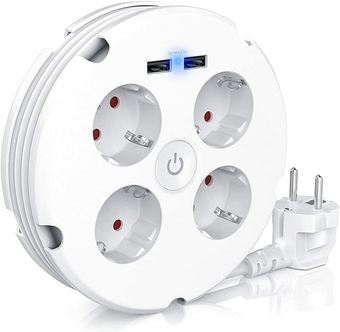 SJYDQ Multiple Power Strip Electric Sockets 4 Way Round 2 USB Charger Switch Outlets Illuminated Wall Mounting Circular Roll-up Cable