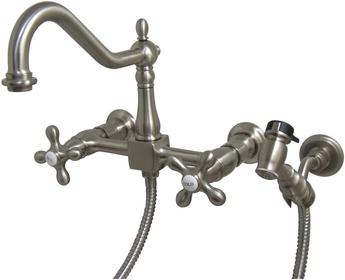 Nuvo    ES1248AXBS New Orleans 8" Center Wall Mount Kitchen Faucet with Brass Sprayer, 8- 1/2", Satin Nickel