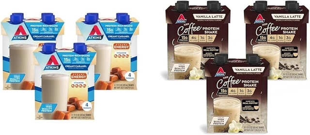 Energy Shake Creamy Caramel with Protein, Gluten Free, 4 Count(Pack of 3) and  Iced Coffee Vanilla Latte Protein Shake, 15g Protein, Low Glycemic, 4g Net Carb, 1g Sugar