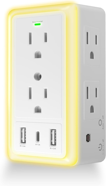 Surge Protector, Multi Plug Outlet Extender with Night Light for Home, Office, School, 6-Outlet Splitter and 3 USB Ports(1 USB C), all Charger Power Strip, FCC Listed