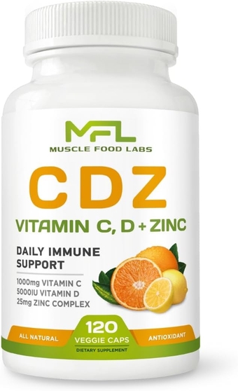 C D Z | Vitamin C, 1000mg | Vitamin D3, | Zinc, | Non-GMO & Gluten Free | Veggie Caps | 120 Servings | Vegan Friendly