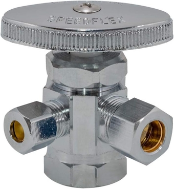 Eastman Multi-Turn Dual Outlet 3-Way Shut-Off Valve, 1/2 Inch FIP x 3/8 Inch OD Compression x 1/4 Inch OD Compression, Chrome Plated, 04320LF