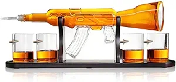 &  Gun Large Decanter Set Bullet Glasses - Limited Edition Elegant Rifle Gun Whiskey Decanter 22.5" 1000ml With 4 Bullet Whiskey Glasses and Mahogany Wooden Base