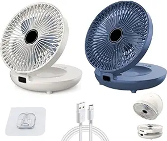 Household Dual-Use Kitchen Fan, Wall Mounted Desktop Fan, 1200mA Rechargeable Wall Hanging Fan 3 Speed Foldable Desk Fan 90° Adjustable Table Fan for Home Bedroom Office Outdoor (White+Blue)