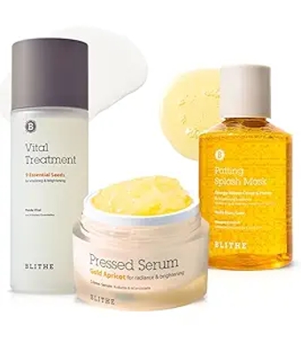 Blithe Tone Correcting Big Bundle Set for Glowing Skin - Korean Skin Brightening Trio for Dark Spots, Radiance Boosting Self Care Gifts for Women (Gold Apricot, 9 Essential Seeds, Yellow Splash Mask)